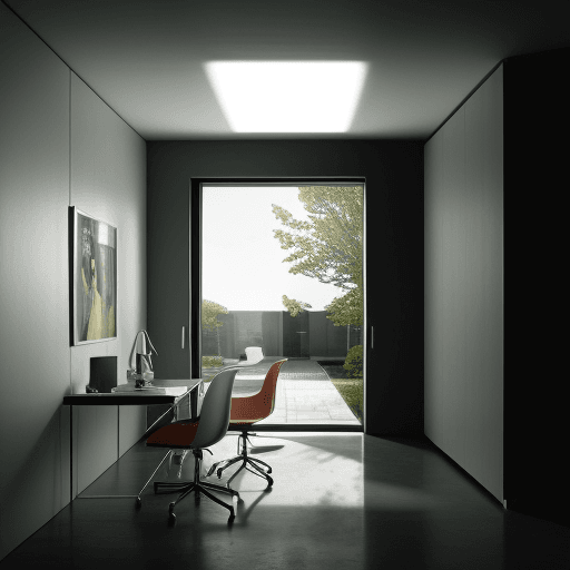 AI generated: Hyper realistic eye , daylight, indirect lighting, AD magazine, Frank Lloyd, Eames, Mies van der Roh...