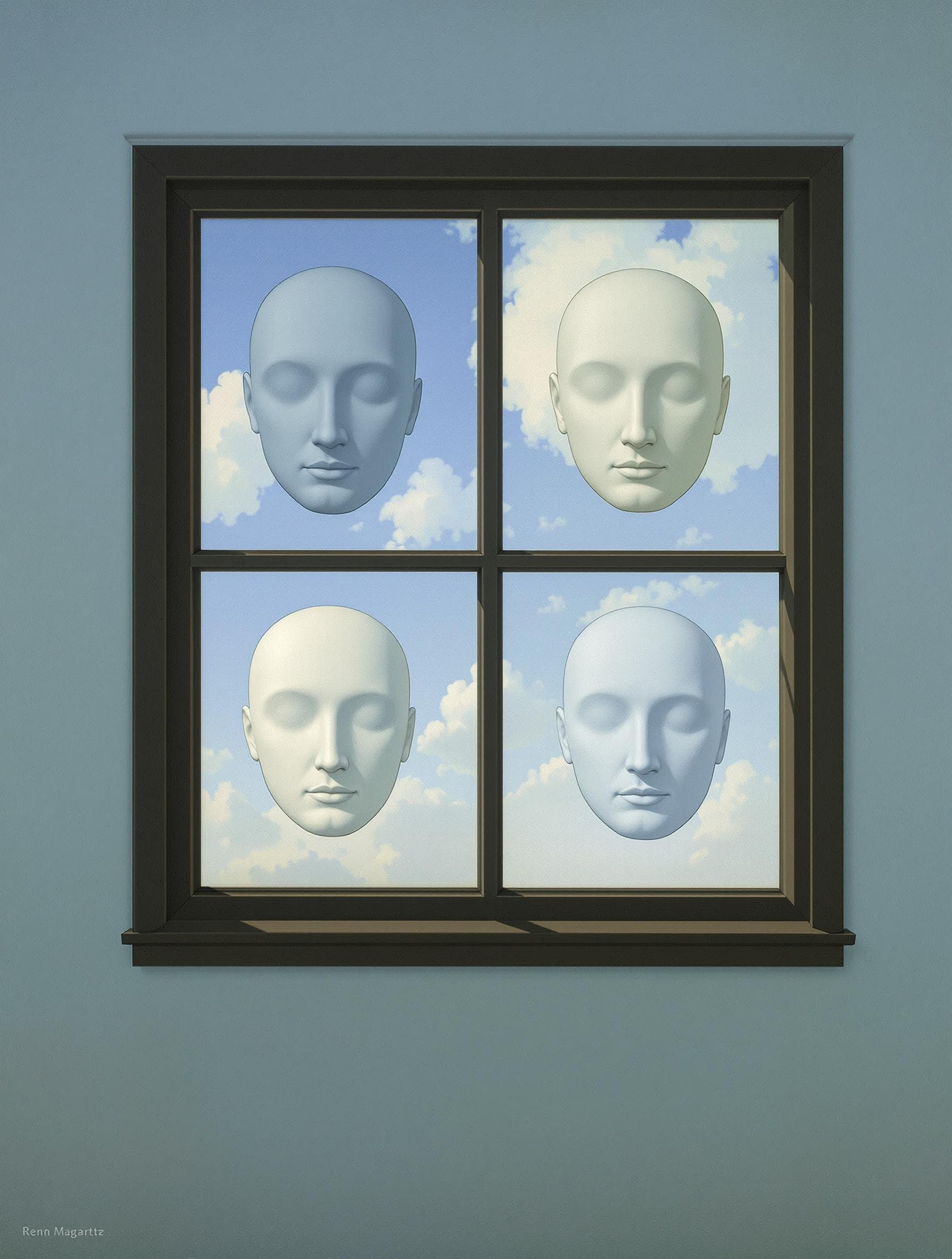 AI generated: a surrealist painting by René Magritte of a window that has a different blank face in each of its fo...