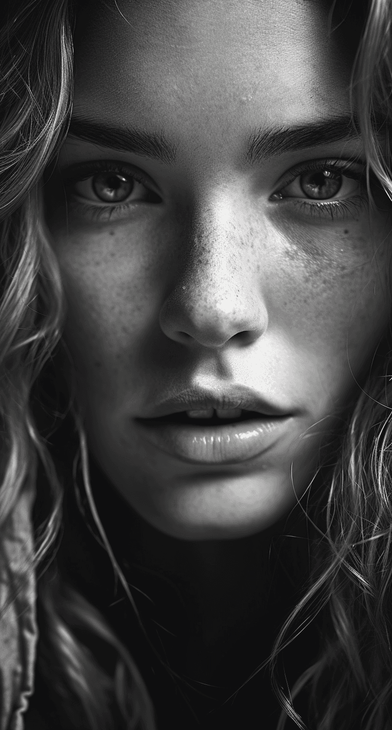 AI generated: stunning RAW close-up black and white photography portrait of a beautiful woman, sharp focus, highly...