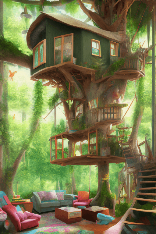 AI generated: cozy treehouse living room, female youth decoration, many girl children's toys , architectural diges...