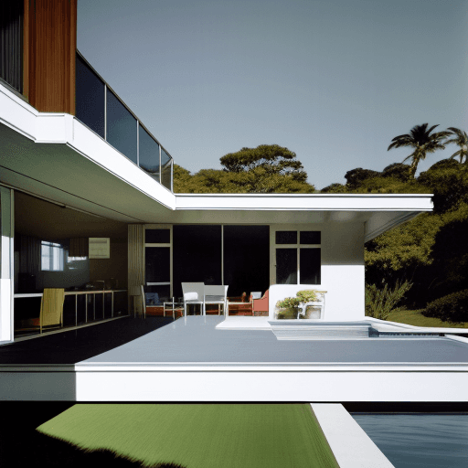 AI generated: Hyper realistic eye level exterior photo of a mid century modern style house overlooking the ocean, ...