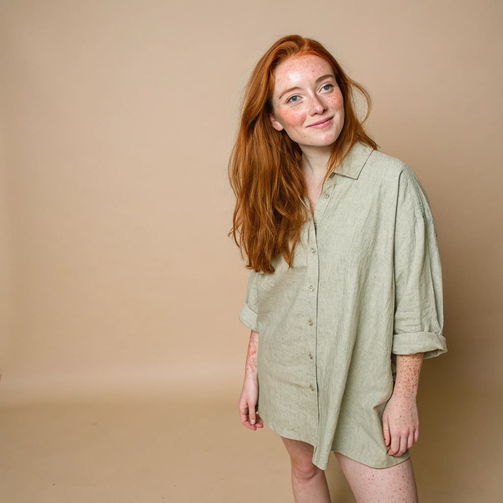 AI generated: Full-body head-to-toe portrait of a 29-year-old ginger woman with freckles only on her cheeks (no ma...