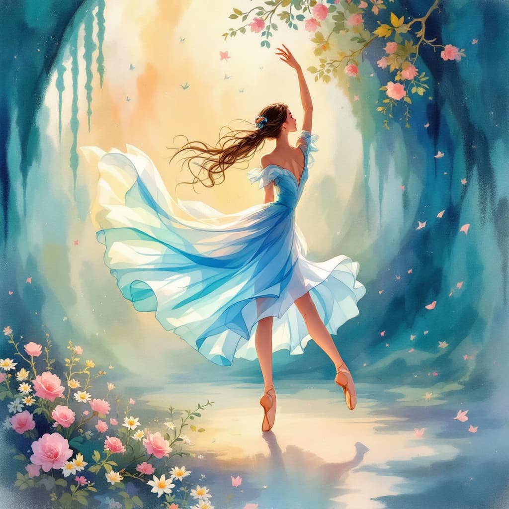 AI generated: 
bailarina clássica 
em um estilo suave de desenho animado em aquarela inspirado em anime com delica...
