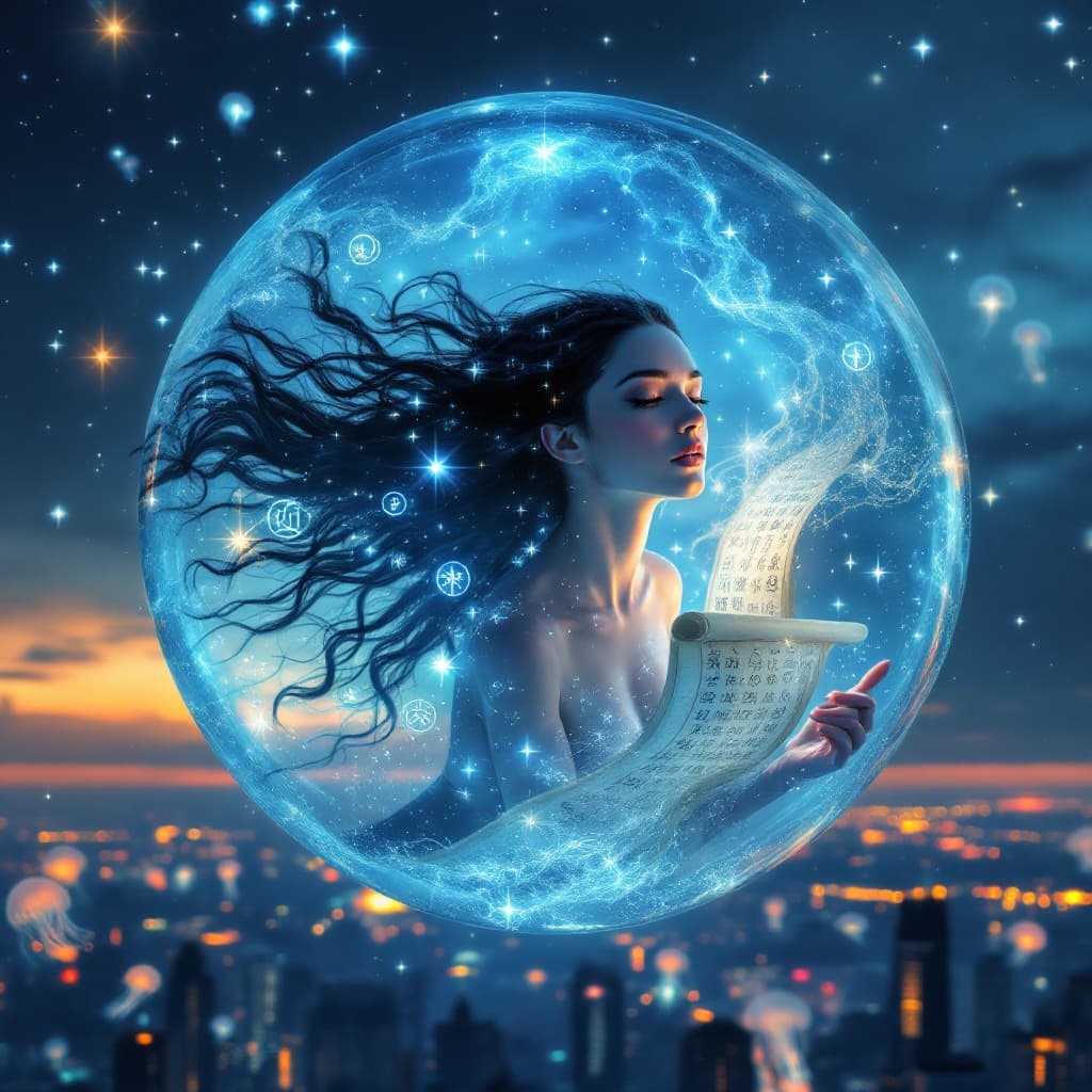 AI generated: Suspended in a translucent water sphere floating above a city in twilight, a dolphin-human hybrid ch...