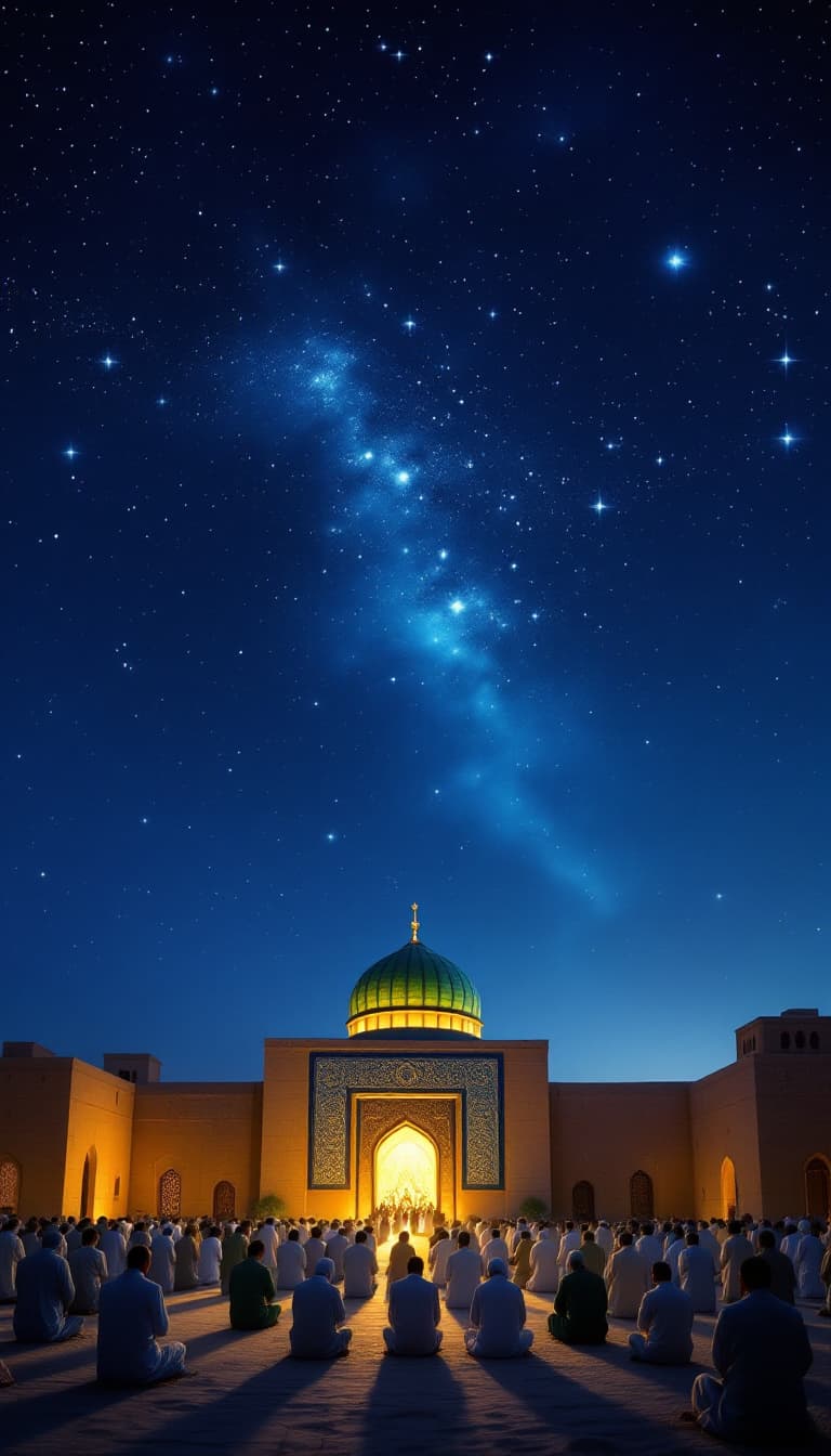AI generated: "Depict the Night of Qadr in Kufa, with a starry sky glowing in deep blue, dotted with shimmering si...