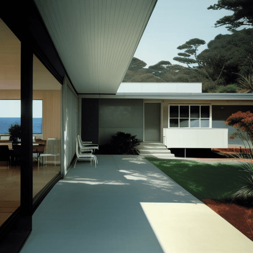 AI generated: Hyper realistic eye level exterior photo of a mid century modern style house overlooking the ocean, ...