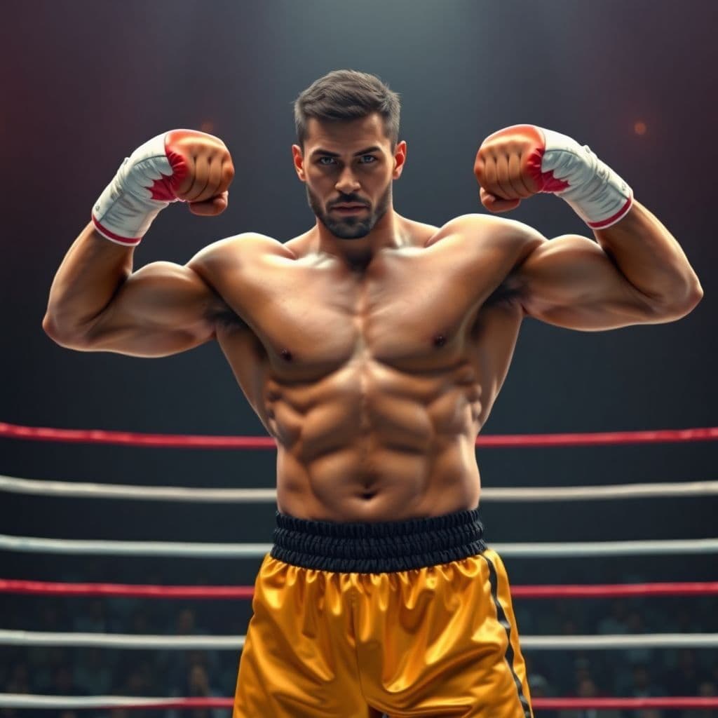 AI generated: powerful boxer stands in the ring and flexes his biceps, hyper realism, high detail, octane render; ...