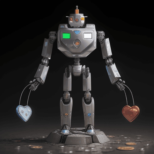 AI generated: A robot with a coin or token in place of a heart inside its metallic chest, standing in front of a b...