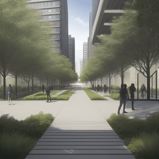 AI generated: architecture, photorealistic, linear urban park
