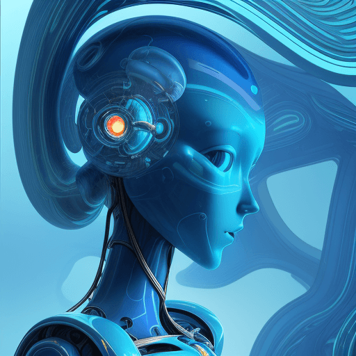 AI generated:  robot girl in blue colors, in the style of hyperrealistic environments, colorful biomorphic forms, ...