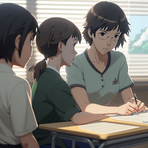 AI generated: teacher teaching her students in a school, digital 2D, animado por Kyoto Animatioby studio ghibli, m...