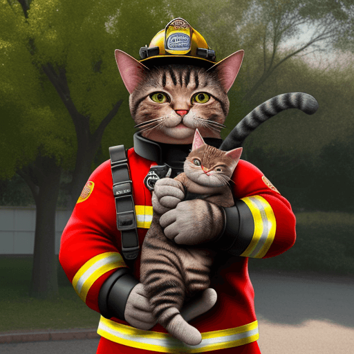 AI generated: Photo of a ultra realistic fireman muscle, cat big fat laught, tree, rescue smile 