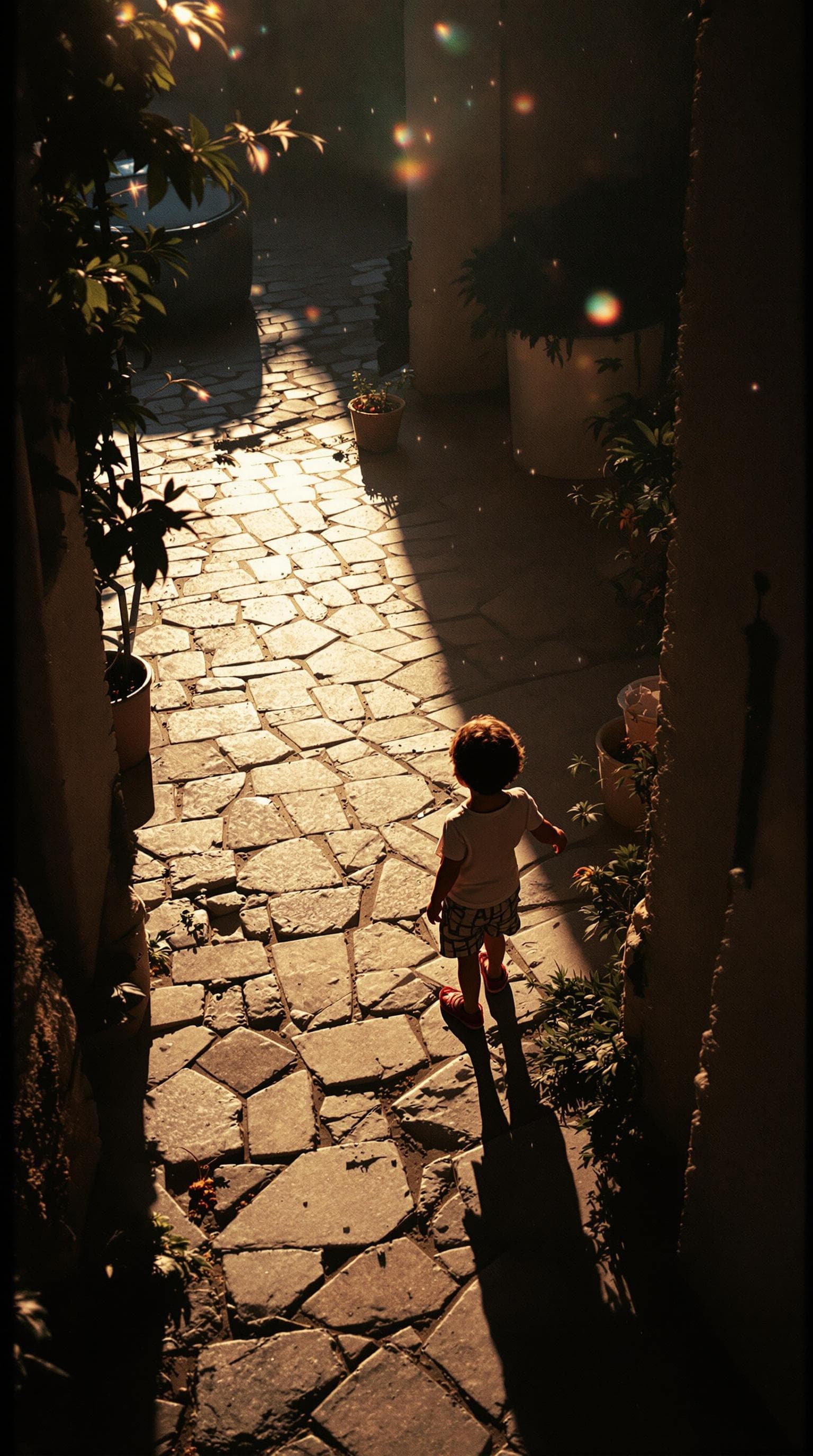 AI generated: high angle shot from above, photo of a child in lebanon, shot with kodak portra 160 film, silhouette...