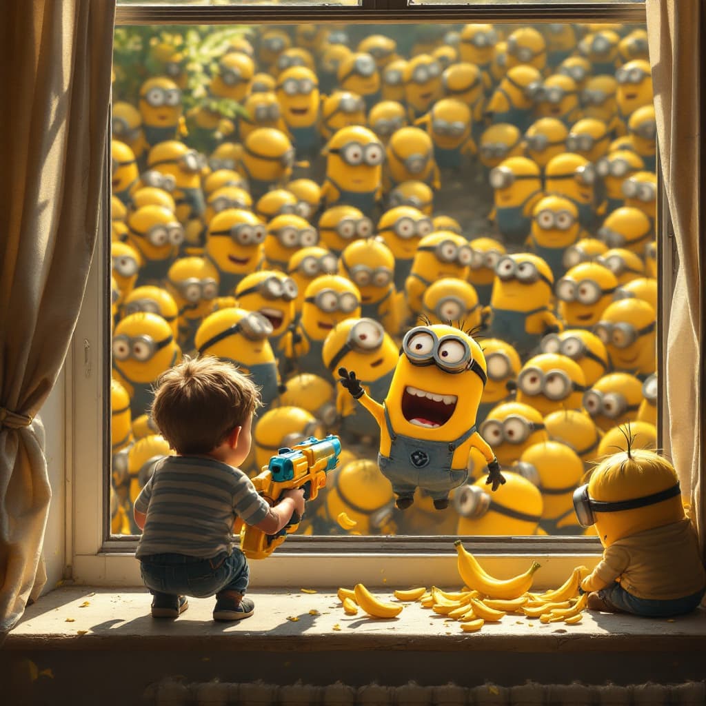 AI generated:  A boy and his dad looking from a window at daylight and sees many walking  Minions  . Their body ar...