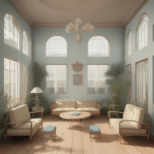 AI generated: High resolution photography interior design, dreamy sunken living room conversation pit, wooden floo...