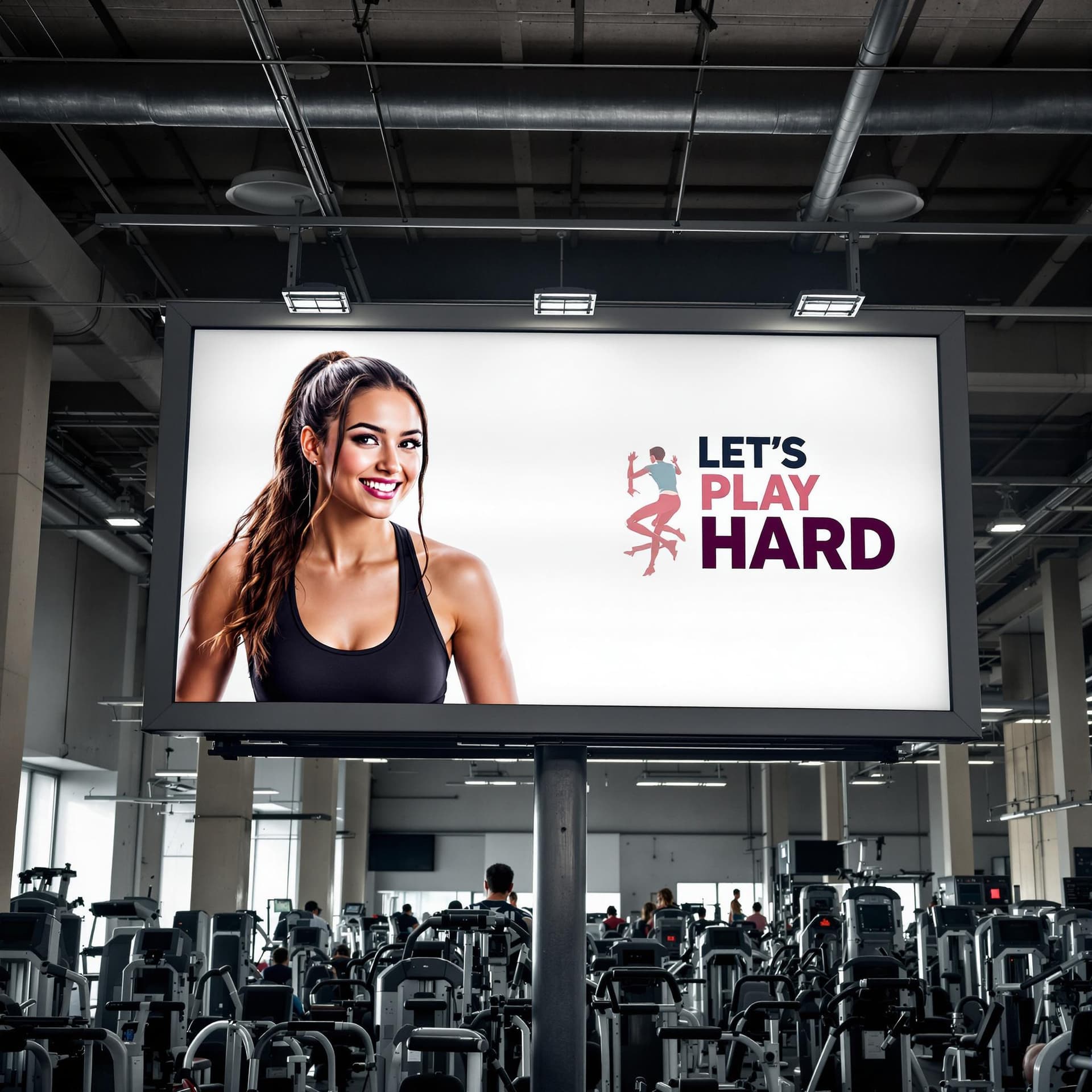 AI generated: A billboard that her a picture of a young female with a slogan that says, Let's Play Hard, A gym wit...