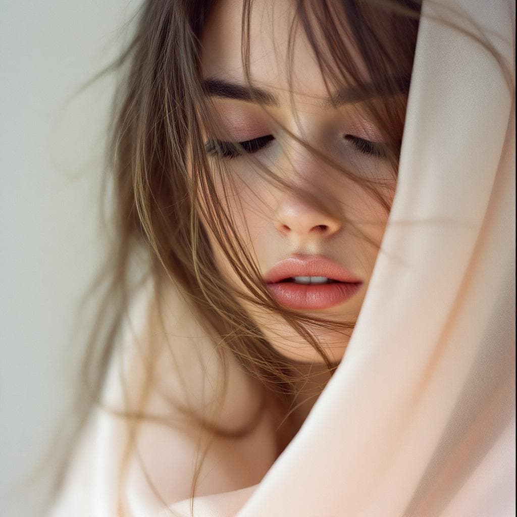 AI generated: Fashion portrait. Close-up of a woman with flowing hair obscuring parts of her face, eyes closed in ...