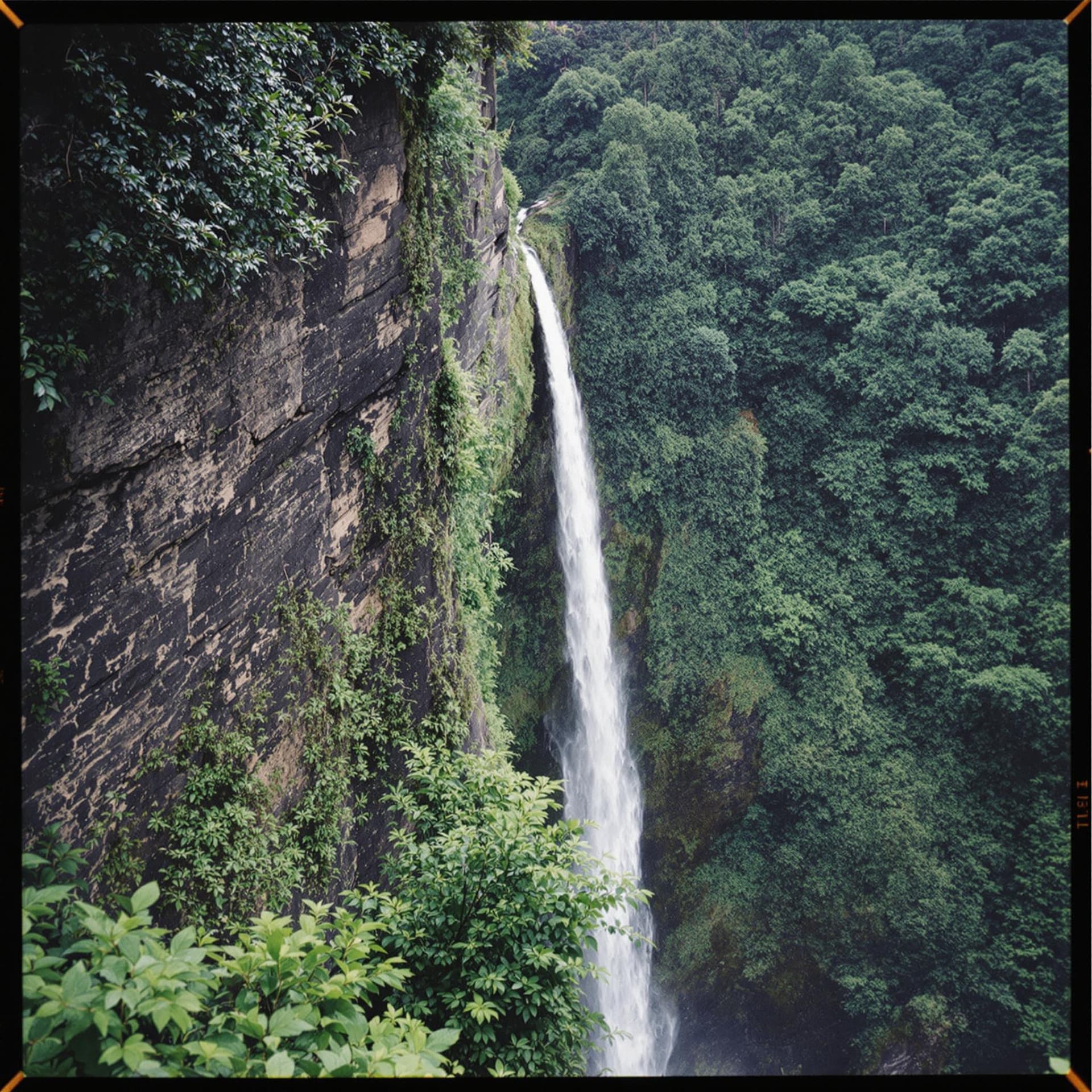 AI generated: madeira hiking, team building retreat, corporate retreat, cliff scenario, lush forest, polaroid, gra...
