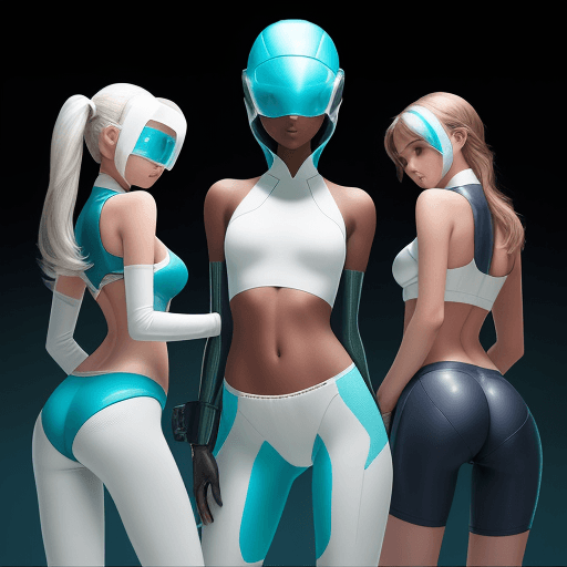 AI generated: Create an image featuring three girls with distinct outfits in a futuristic setting. The first girl ...