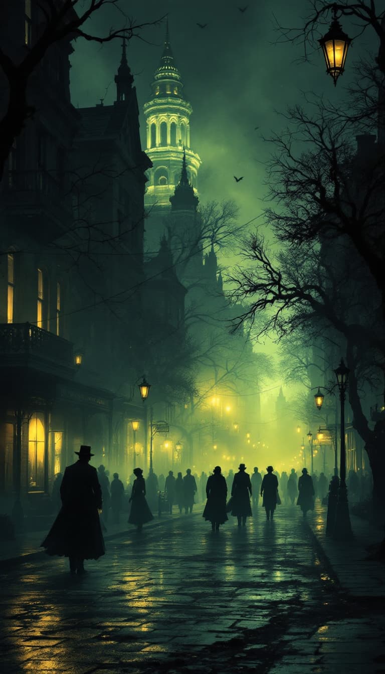 AI generated: Create a Victorian Penny Dreadful comic-style image depicting the foggy streets of 1880s Austin, Tex...