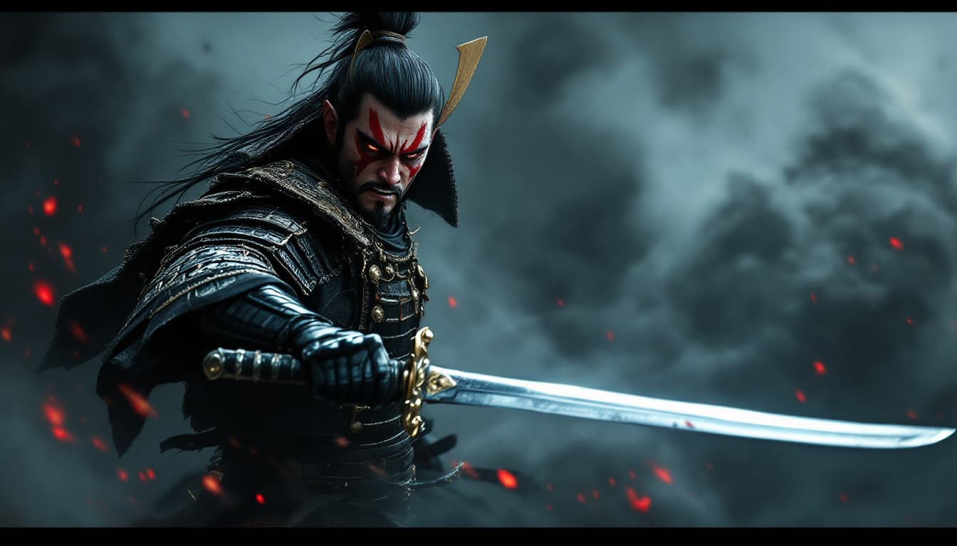 AI generated: Emerging from a tumultuous backdrop of swirling smoke and shadows, a fierce samurai warrior commands...