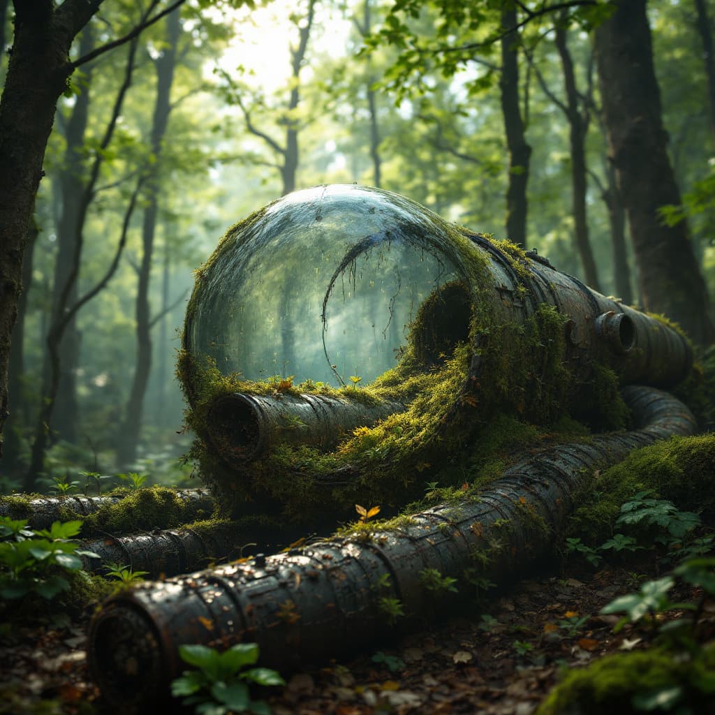 AI generated: steanpunk, iron, pipes, tubes, psycodelic, sci-fi, forest, leave,