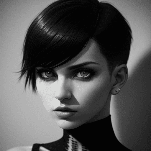 AI generated: A dramatic portrait of a young woman with a stylish haircut and piercing eyes. The photo is shot in ...