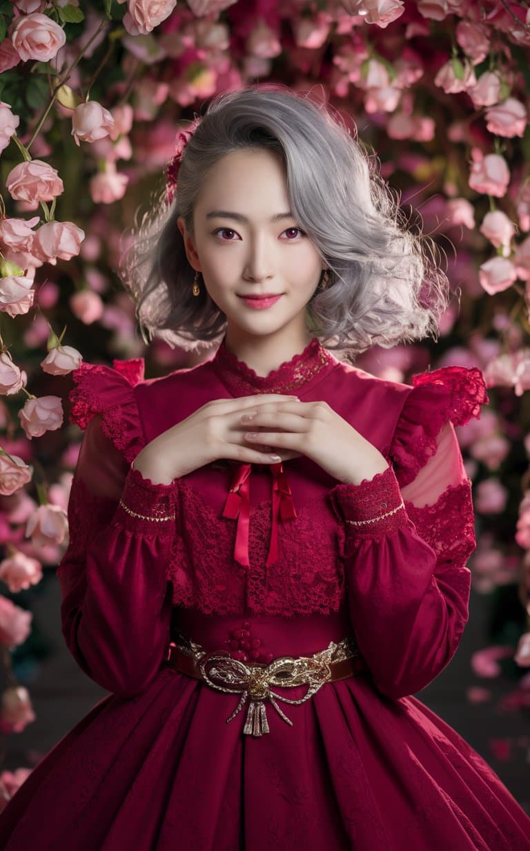 AI generated: Award winning Photo, Modelshoot Style, RAW, single girl, party dress, wavy silver hair, red eyes, fl...