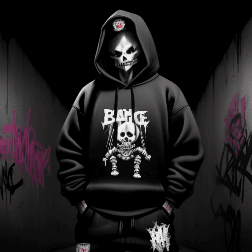 AI generated:  A striking, dark illustration in the graffiti style of a hip-hop-clad skeleton, . The character is ...