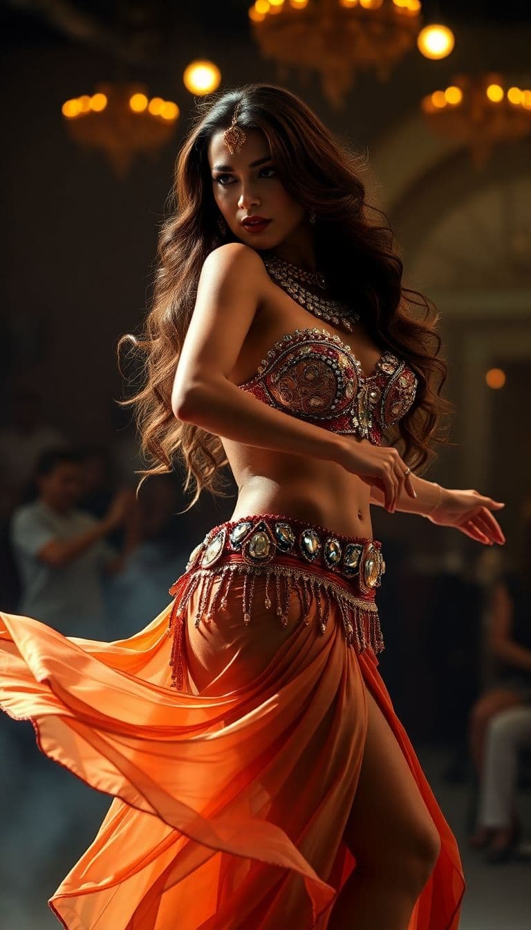 AI generated: "A breathtaking full-body portrait of a glamorous belly dancer performing under golden spotlights. S...