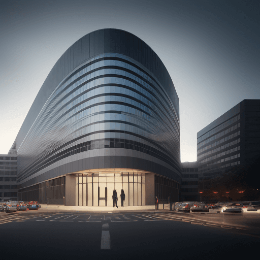 AI generated: photorealistic, canon EOS 5d, minimalistic medium scale office building, curved brick, geometric sha...