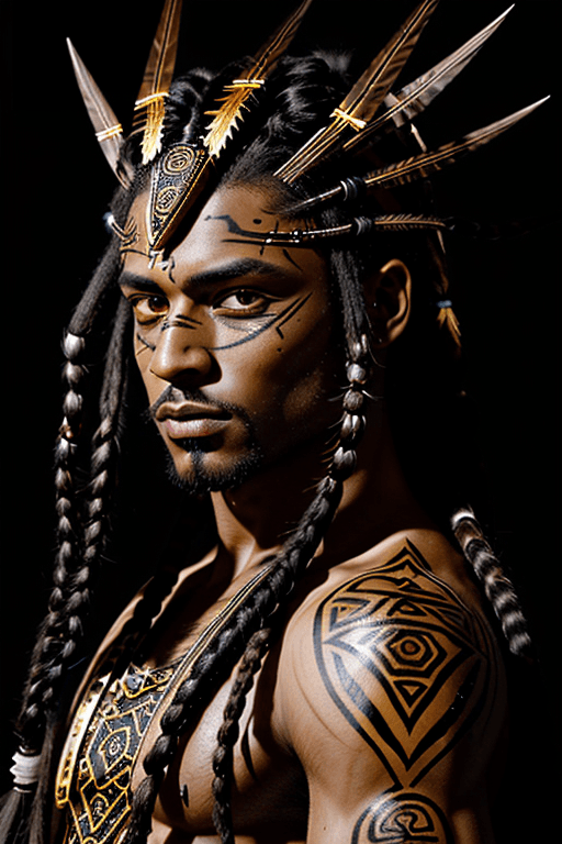 AI generated: Exotic beautiful male,  sophisticated characters, back-to-back, see faces, brown skin, painted with ...
