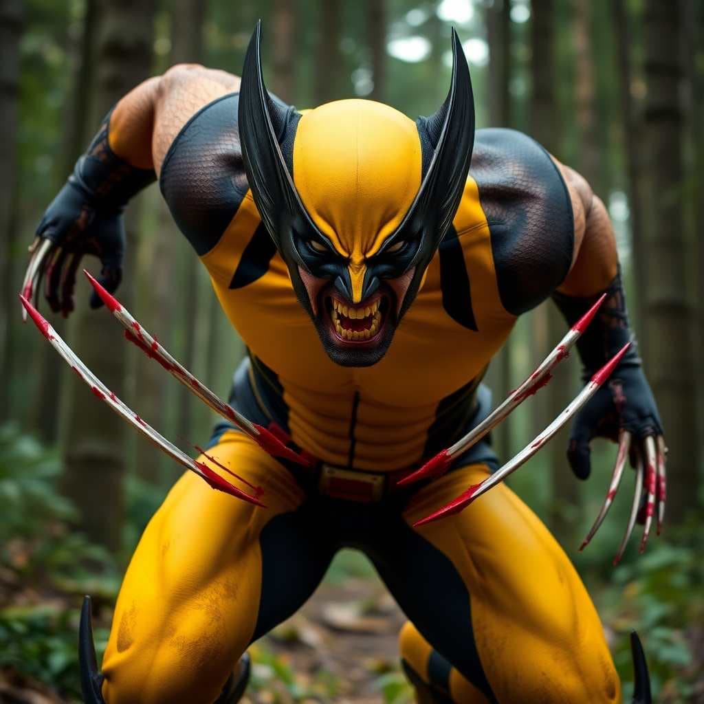 AI generated: X-Men character Wolverine, photograph, in the forest, leaping forward with bloodstained adamantium c...