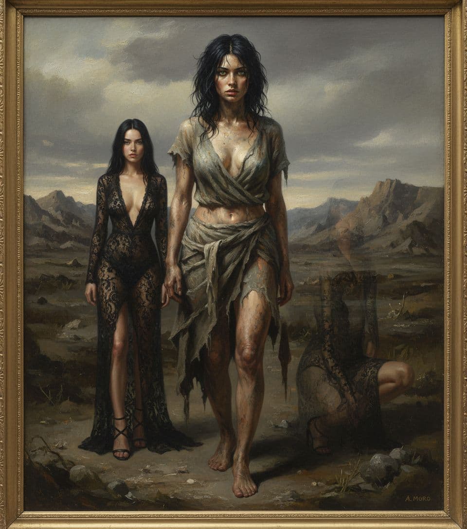 AI generated: Craft an Old Master painting
full body shot of A woman with raven black hair, covered in dirt, wear...