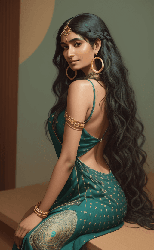 AI generated: A Beautiful Indian woman stands indoors, black long hair, looking over her left shoulder with a slig...