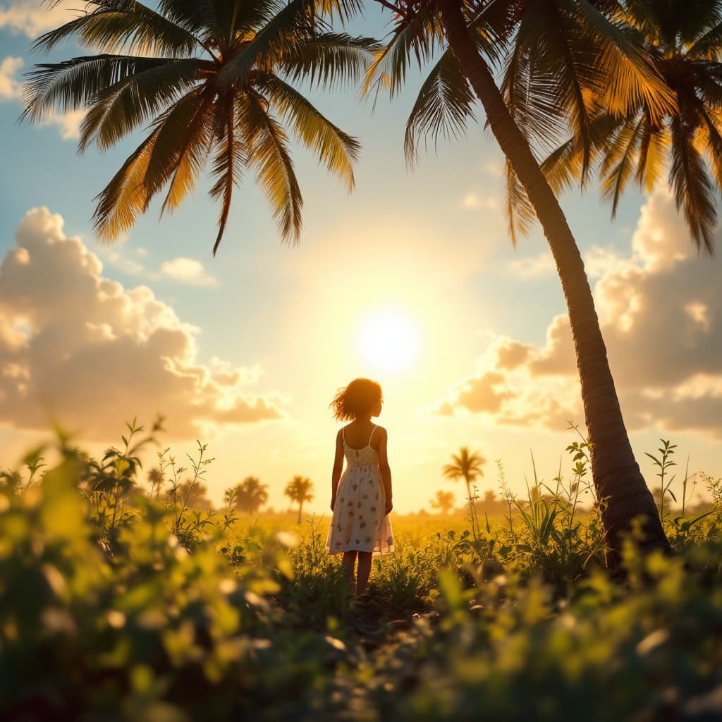 AI generated: a child in the farm under a coconut tree with the darzzing sun shinning toward her.
