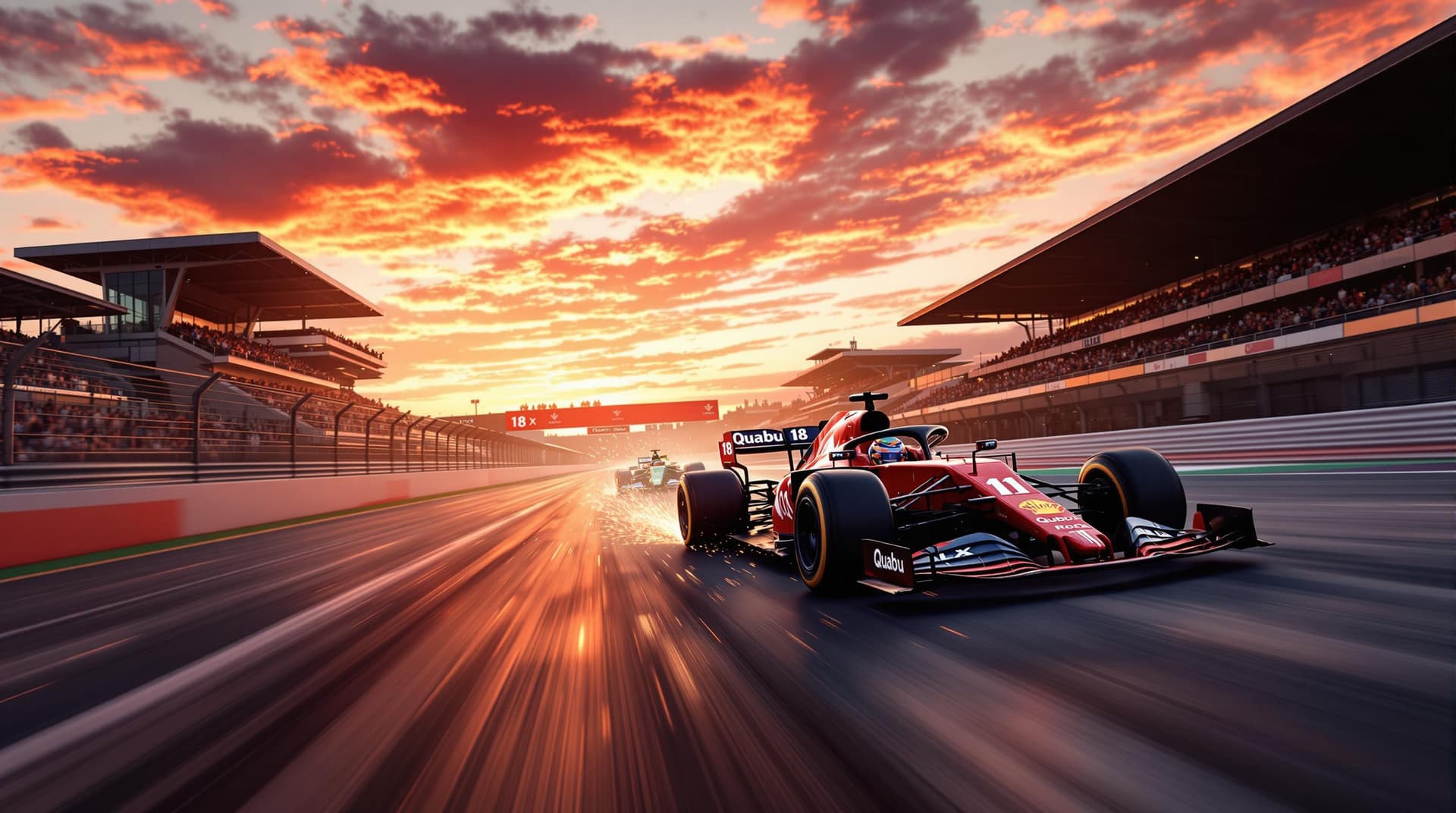 AI generated: A high-speed Formula 1 race is taking place on a professional circuit during a breathtaking sunset. ...