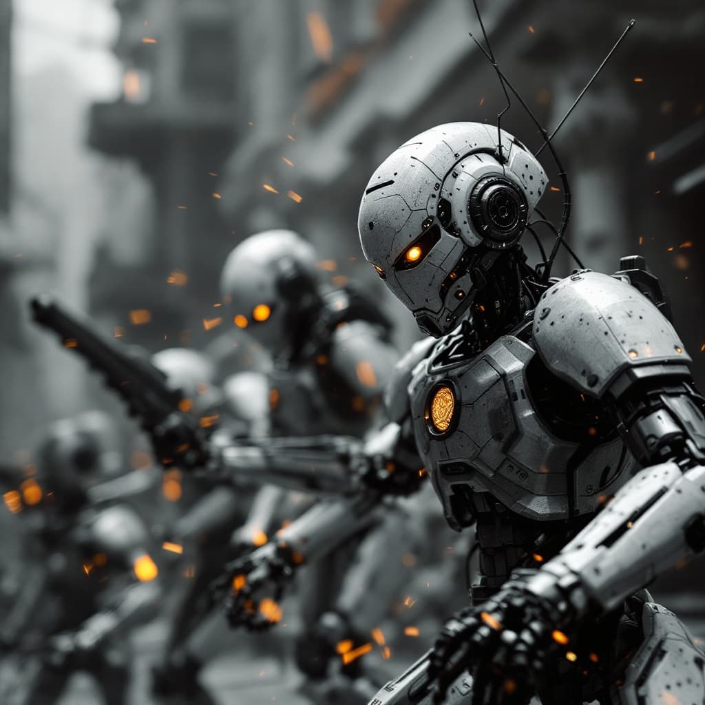 AI generated: battle of the humanoid robots, robotic war found living in my make-believe made-up imagination that ...