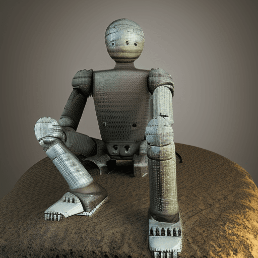 AI generated: High-resolution rendering of a hyper-detailed robot in a seated position on a weathered stone, mimic...