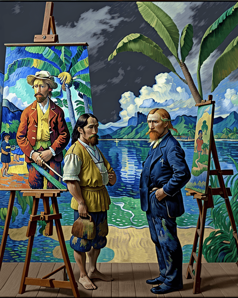AI generated: Side view Gauguin style  portrait of only two men:  van Gogh and Gauguin standing in front of easel ...