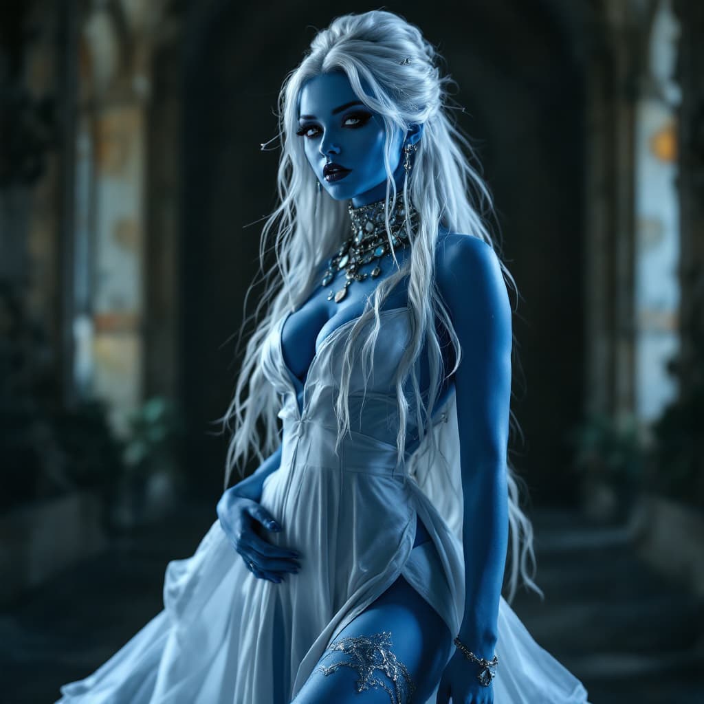 AI generated: Smurfette, a stunning, charismatic woman with an athletic build, adorned with piercings, wearing a f...