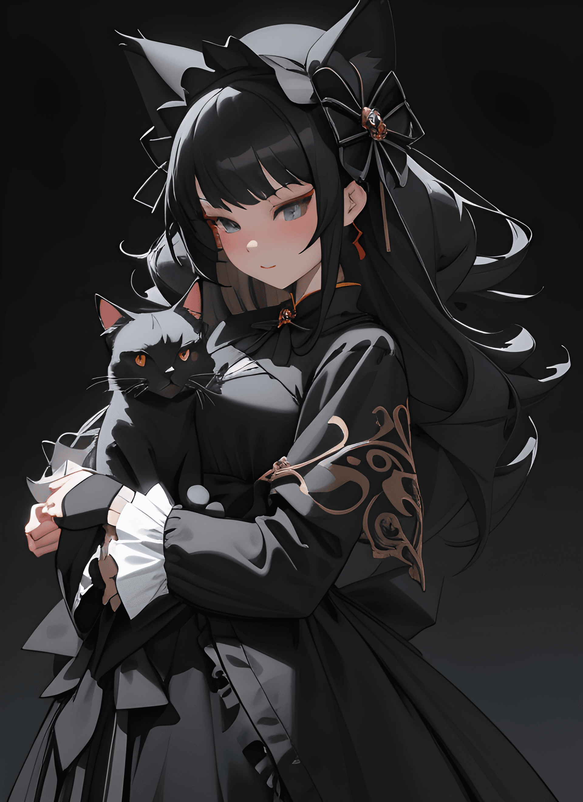 AI generated: a woman in a black dress holding a black cat, a character portrait, by Yang J, Artstation, gothic ar...