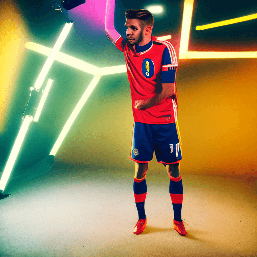 AI generated: professional model shooting with friendly energetic footballer, brand ambassador for recruiting camp...
