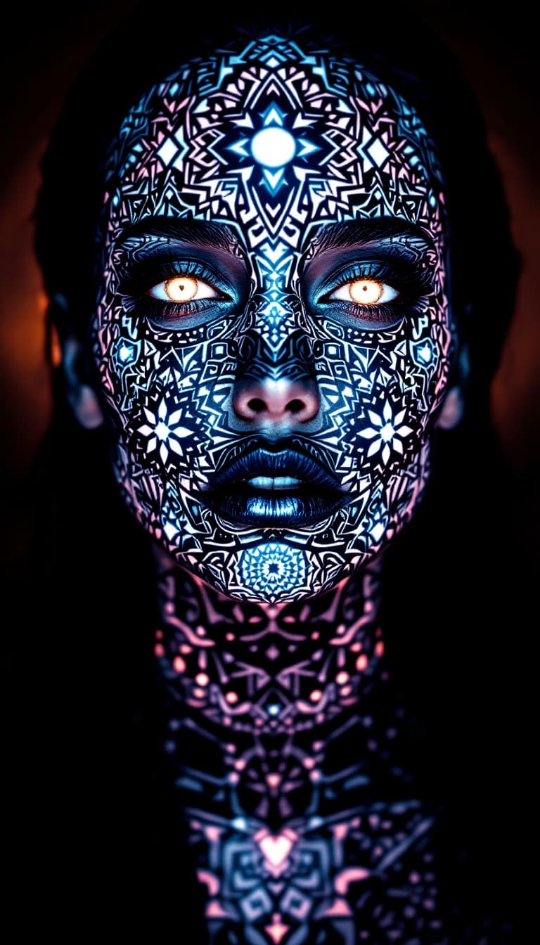 AI generated: An enigmatic, waist-up portrayal of a woman, her face and neck covered in intricate, geometric tatto...
