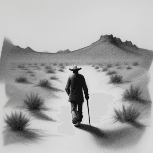 AI generated: Rough charcoal sketch on old paper, old man walking in the desert  ,  , clean line art --ar 68:128 -...