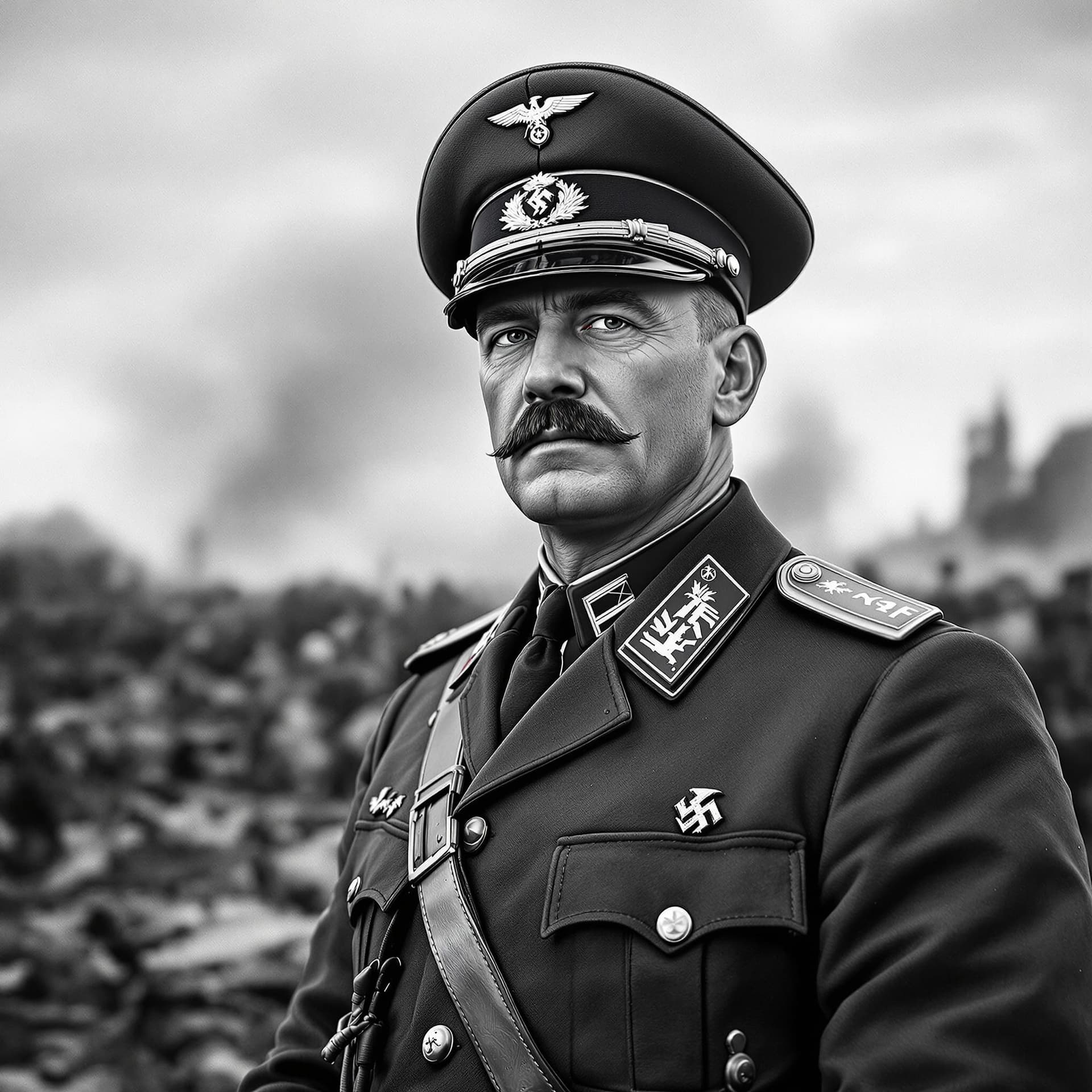 AI generated: Black and white portrait of a German Wehrmacht general against the backdrop of the war front, realis...