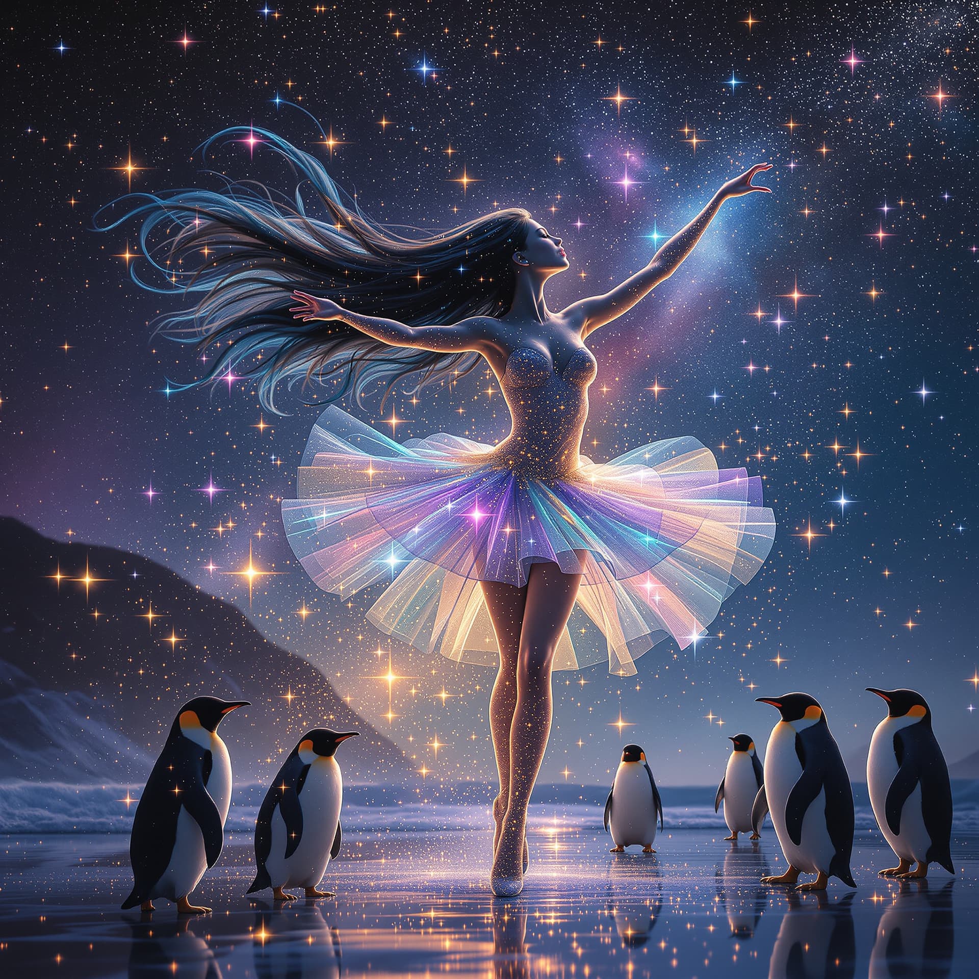 AI generated: Psychedelic. surreal. Transparent ballerina, long hair flowing throughout the stars,  and short skir...