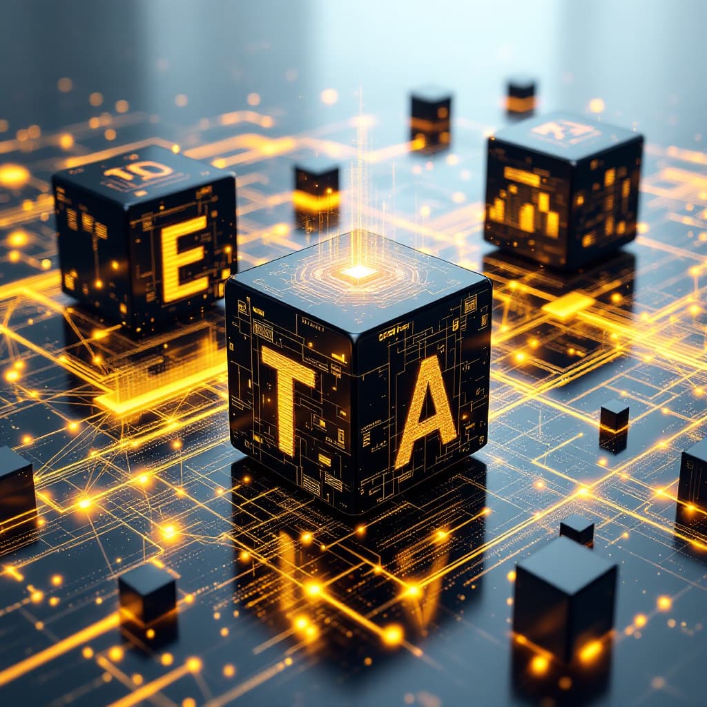 AI generated: A futuristic digital illustration of data and networks, featuring large, glowing black data cubes at...