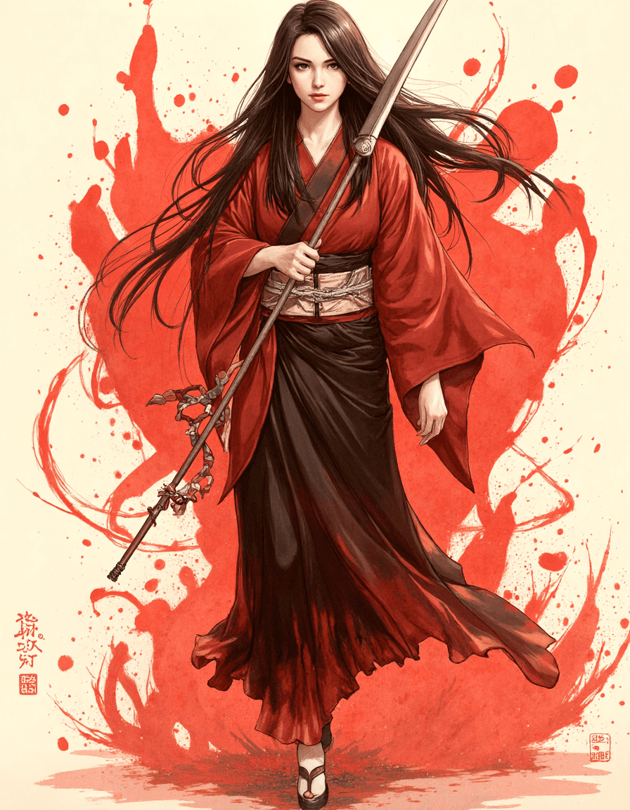 AI generated: Dynamic full-body portrait of a powerful woman with long, flowing black hair, in a traditional Japan...