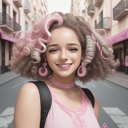 AI generated: woman smiling in pink and white with curly hair, when people are looking, in the style of y2k aesthe...